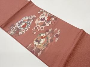 花々に古典柄模様織出し開き名古屋帯（額縁仕立て）